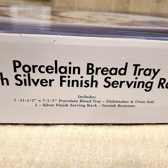 Godinger White Porcelain Bread Tray With Silver Finish Serving Rack - NEW in BOX - Picture 3 of 5